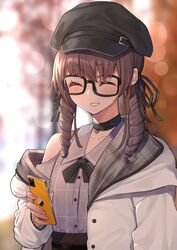  black-framed_eyewear black_bow black_bowtie black_choker black_hat black_ribbon blurry blurry_background blush bow bowtie brown_hair cellphone choker closed_eyes coat depth_of_field drill_hair facing_viewer female fingernails glasses grey_shirt hair_ribbon hat heart_pendant highres holding holding_phone hololive mikan_(chipstar182) nail_polish natsuiro_matsuri natsuiro_matsuri_(casual) off_shoulder open_clothes open_coat outdoors parted_lips phone pink_nails ribbon shirt smartphone smile solo twin_drills twintails upper_body virtual_youtuber white_coat 