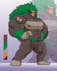  abs anthro ape arm_tuft biceps big_arms big_biceps big_body big_muscles big_pecs body_tuft brown_body brown_fur brown_hair featureless_crotch feet fur generation_8_pokemon gorilla green_hair hair haplorhine hi_res humanoid_pointy_ears leg_tuft long_hair looking_at_viewer male mammal multicolored_body muscular muscular_arms muscular_legs nintendo nipples orange_eyes orange_mouth palette pecs pokemon pokemon_(species) pose primate rillaboom serratus solo triceps tuft valentinesartx 