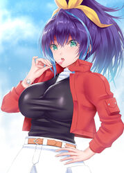  absurdres alternate_breast_size belt black_shirt blue_hair bow bracelet breasts brown_belt calcio candy cleavage female food green_eyes hair_between_eyes hand_on_own_hip highres jacket jewelry large_breasts light_blue_hair lollipop looking_at_viewer multicolored_hair open_mouth purple_hair red_jacket ribbon serena_(yu-gi-oh!) shirt skirt streaked_hair tongue tongue_out white_shirt white_skirt yellow_ribbon yu-gi-oh! yu-gi-oh!_arc-v 