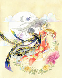  1boy \||/ bare_legs barefoot bird blue_flower blunt_ends chrysanthemum cloud female floating_hair floral_print flower grey_hair hand_fan holding holding_fan japanese_clothes kimono kneeling kojitsunagi_(pattern) leaf long_hair official_art original painting_(medium) peony_(flower) pink_flower purple_flower red_kimono seigaiha short_hair short_kimono swallow_(bird) tassel traditional_media very_long_hair watercolor_(medium) yellow_flower yufushi 