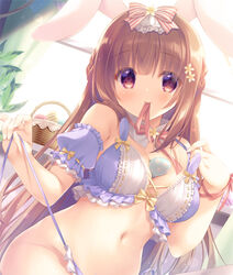  animal_ears basket between_breasts bow bra breasts brown_eyes brown_hair cleavage closed_mouth commentary_request detached_sleeves easter_egg egg female flower hair_flower hair_ornament hairbow hands_up indoors long_hair looking_at_viewer medium_breasts mouth_hold navel original out-of-frame_censoring panties puffy_short_sleeves puffy_sleeves purple_bra purple_panties purple_sleeves rabbit_ears red_bow ribbon ribbon_in_mouth short_sleeves side-tie_panties smile solo striped striped_bow underwear untied_panties very_long_hair window yukie_(peach_candy) 