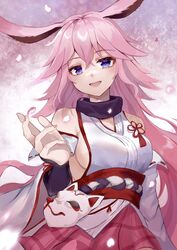  :d animal_ears bare_shoulders breasts female fox_ears fox_mask honkai_(series) honkai_impact_3rd japanese_clothes komuer long_hair looking_at_viewer mask miko petals pink_hair pink_skirt purple_eyes sideboob skirt smile solo white_sleeves yae_sakura yae_sakura_(gyakushinn_miko) 