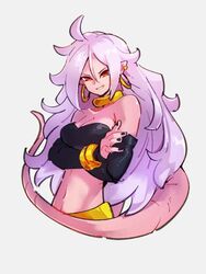  android_21 bare_shoulders black_nails breasts cleavage colored_skin commentary_request crop_top crossed_arms dragon_ball dragon_ball_fighterz earrings female fingernails hair_between_eyes hoop_earrings jewelry kemachiku long_hair looking_at_viewer majin_android_21 medium_breasts nail_polish navel pink_hair pink_skin red_eyes smile solo tail upper_body 