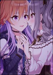  2girls blush bracelet chains choker chuunibyou collar dark_illuminate_(idolmaster) detached_sleeves drill_hair eye_contact gothic_lolita hair_extensions idolmaster idolmaster_cinderella_girls interlocked_fingers jacket jewelry kanzaki_ranko lolita_fashion long_hair looking_at_another multicolored_hair multiple_girls nako_narita neck_ribbon night night_sky ninomiya_asuka orange_hair purple_eyes purple_hair red_eyes ribbon short_hair silver_hair sky sleeveless sleeveless_jacket smile studded_bracelet studded_collar twintails two-tone_hair wide_sleeves yuri 