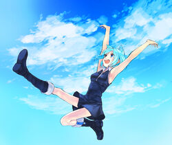  :d animal_ears aqua_hair arms_up black_dress black_footwear blue_sky boots breasts cat_ears cloud commentary dress female floating highres knee_boots nanami_ao open_mouth short_hair sky sleeveless sleeveless_dress smile solo wata_(attaka_towel) yozakura_quartet 