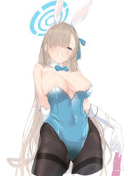  absurdres animal_ears asuna_(blue_archive) asuna_(bunny)_(blue_archive) bare_shoulders blue_archive blue_eyes blue_leotard blush bow bowtie breasts brown_pantyhose cleavage condom condom_packet_strip condom_wrapper covered_navel detached_collar elbow_gloves fake_animal_ears female gloves grin hair_over_one_eye halo highleg highleg_leotard highres large_breasts leotard light_brown_hair long_hair looking_at_viewer mole mole_on_breast official_alternate_costume pantyhose playboy_bunny rabbit_ears revision shimicha smile solo strapless strapless_leotard thighband_pantyhose thighs traditional_bowtie white_gloves 