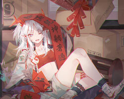  antithetical_couplet arknights bandeau banner black_footwear box cardboard_box chinese_new_year chinese_text crop_top dragon_girl dragon_horns earrings fai_chun fallen_down female firecrackers horns indoors jacket jewelry leg_tattoo long_hair miya_(zawarudo) nian_(arknights) oerba_yun_fang one_eye_closed pale_skin penguin_logistics_logo pointy_ears ponytail purple_eyes red_bandeau shelf shorts skin_fang socks solo stool strapless tattoo tube_top white_footwear white_hair white_jacket white_shorts 