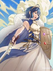  ahoge alternate_costume binding_shield blue_eyes blue_hair breasts detached_sleeves dress falchion_(fire_emblem) female fire_emblem fire_emblem_awakening from_below highres morgan_(female)_(fire_emblem) morgan_(fire_emblem) open_mouth pomelomelon see-through shield short_hair small_breasts solo sword tiara weapon 