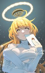  3d :&lt; blender_(medium) blonde_hair breasts cleavage cleavage_cutout closed_mouth clothing_cutout eyelashes eyes_visible_through_hair female fingernails glowing halo highres holding holding_letter letter light_particles long_hair looking_up mechanical mechanical_halo original ponytail shiomiya_iruka solo turtleneck upper_body yellow_eyes 