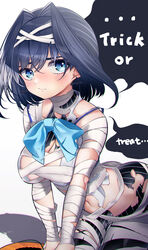  absurdres ass bandages bat_earrings blue_bow blue_eyes blue_hair blush bow breasts closed_mouth earrings female hair_intakes hair_ornament halloween halloween_bucket halloween_costume highres hiroikara_(smhong04) hololive hololive_english jewelry kneeling large_breasts medium_hair midriff_peek mummy_costume navel ouro_kronii pantyhose sarashi simple_background solo speech_bubble striped_clothes striped_pantyhose torn_clothes trick_or_treat vertical-striped_clothes vertical-striped_pantyhose virtual_youtuber worried 