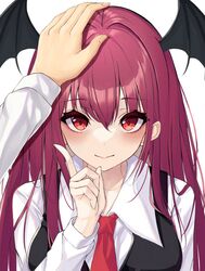  1other 7saki animated animated bad_id bad_pixiv_id black_vest blush breasts commentary female head_wings headpat index_finger_raised koakuma large_breasts long_hair long_sleeves lower_teeth_only male_hand necktie open_mouth pov pov_hands red_eyes red_hair red_necktie shirt sidelocks simple_background smile solo_focus sparkling_eyes teeth tongue touhou upper_body vest white_background white_shirt wings 