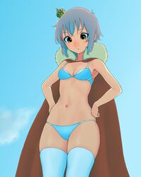  bare_arms bare_shoulders bikini blue_background blue_bikini blue_sky blue_thighhighs breasts cape closed_mouth cowboy_shot crown day female gishu grey_hair hands_on_own_hips highres idolmaster idolmaster_million_live! makabe_mizuki mini_crown navel outdoors red_cape simple_background skindentation sky small_breasts solo standing swimsuit thighhighs tilted_headwear yellow_eyes 