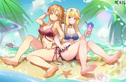  2girls absurdres alice_zuberg asuna_(sao) bare_arms bare_legs bare_shoulders barefoot beach bikini blue_bikini blue_eyes blue_sky braid braided_ponytail breasts brown_eyes brown_hair cloud commentary cup feet flag flower foot_focus hair_flower hair_intakes hair_ornament hairband highres holding holding_cup large_breasts locked_arms long_hair looking_at_viewer medium_breasts multiple_girls navel ninai outdoors palm_tree red_bikini sky soles starfish swimsuit sword_art_online sword_art_online:_alicization symbol-only_commentary toes tree tropical_drink very_long_hair water wet white_hairband yuri 