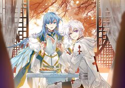  2boys absurdres autumn blue_eyes blue_hair chinese_clothes cup earrings facial_mark forehead_mark fur_trim highres holding holding_cup jewelry lan_li lattice limaomao long_hair male_focus multiple_boys one_eye_closed round_window sanyan_xiaotian_lu short_hair sitting smile teapot window yang_jian_(sanyan_xiaotian_lu) 