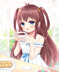  :d antenna_hair blue_eyes blush brown_hair collarbone commission cookie cup curtains dress female food hands_up holding holding_cup long_hair looking_at_viewer macaron off-shoulder_dress off_shoulder original plate ribbon-trimmed_dress saucer shikito_(yawa0w0) skeb_commission smile solo transparent two_side_up very_long_hair white_dress window 