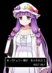  black_background blunt_bangs breasts check_translation cleavage closed_mouth coat commentary_request cover cover_page crescent crescent_pin doujin_cover dress female hair_ribbon hat highres itou_yuuji large_breasts long_hair looking_at_viewer patchouli_knowledge purple_eyes purple_hair ribbon simple_background smile solo touhou translation_request very_long_hair white_dress white_hat 