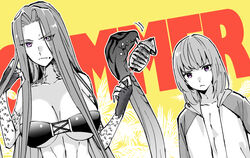  1other bikini breasts closed_mouth eating english_text enkidu_(fate) fate/grand_order fate_(series) female food gorgon_(fate) greyscale_with_colored_background holding holding_food ikayaki jacket kingu_(fate) large_breasts long_hair looking_at_viewer medium_hair medusa_(fate) nuso open_clothes open_jacket outline palm_tree parted_bangs purple_eyes scales snake_hair spot_color summer swimsuit tree upper_body very_long_hair white_outline yellow_background 