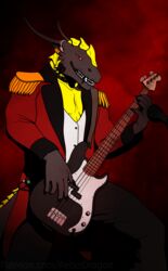  anthro bass_guitar bassist circus claws clothed clothing coat collar concert dragon electronics ernesto_(rebeldragon101) evil_face evil_grin evil_look fangs grin guitar headphones hi_res looking_at_viewer male microphone muscular musical_instrument mythological_creature mythological_scalie mythology nightwish open_clothing open_mouth pecs plucked_string_instrument rebeldragon101 ringmaster ringmaster_outfit scalie shirtless shirtless_male smile solo string_instrument tail teeth topwear vest 