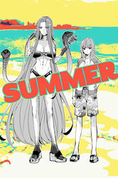  1other arm_at_side beach bikini bracelet breasts closed_mouth eating english_text enkidu_(fate) fate/grand_order fate_(series) female floral_print food full_body gorgon_(fate) hand_on_own_hip highres holding holding_food ikayaki jacket jewelry kingu_(fate) large_breasts long_hair looking_at_viewer medium_hair medusa_(fate) navel nuso o-ring o-ring_bottom open_clothes open_jacket outdoors outline parted_bangs partially_colored print_shorts purple_eyes sandals scales shorts snake_hair standing summer swimsuit very_long_hair water white_outline 