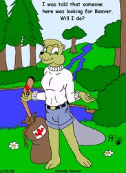  1998 amanda_beaver anthro beaver belt black_nose bottomwear breasts buckteeth canadian_flag clothed clothing dialogue english_text female forest fur green_eyes hockey_stick kthanid_(artist) mammal plant rodent rutwell_forest shorts solo teeth text toony tree water yellow_body yellow_fur 