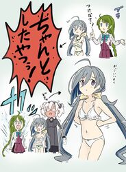  absurdres ahoge bra breasts budget_sarashi camisole commentary_request dark-skinned_female dark_skin dress green_camisole green_panties grey_eyes grey_hair hair_between_eyes hair_bun halter_dress halterneck highres kakincho kantai_collection kiyoshimo_(kancolle) low_twintails musashi_(kancolle) musashi_kai_ni_(kancolle) panties purple_dress sarashi single_hair_bun small_breasts translation_request twintails underwear underwear_only undressing white_bra white_panties yuugumo_(kancolle) yuugumo_kai_ni_(kancolle) 