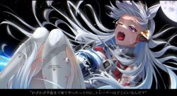  amekudaki animal_ears commentary dress female floating floating_hair gold_ship_(umamusume) grey_hair hair_ornament helmet highres holding holding_helmet horse_ears horse_girl horse_tail knees_up long_hair moon one_eye_closed open_mouth purple_eyes red_dress sky sleeveless sleeveless_dress solo space spacesuit tail teeth umamusume upper_teeth_only very_long_hair 