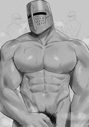  1boy abs armpit_hair armpit_hair_peek bara covering_crotch covering_privates cowboy_shot dark_souls_(series) dark_souls_i facing_to_the_side greyscale helmet highres large_pectorals male_focus male_pubic_hair monochrome muscular muscular_male navel nipples nude nude_cover pectorals pubic_hair solaire_of_astora solo standing steaming_body stomach toumator18 unwanted_erection 