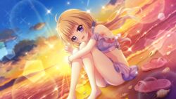  ahoge barefoot beach bikini bikini_skirt blonde_hair blue_eyes breasts cloud dot_nose dutch_angle evening female film_grain flip-flops from_side game_cg hair_ornament hair_scrunchie hand_in_own_hair hugging_own_legs itsumura_haruka izumi_tsubasu lens_flare looking_at_viewer low_twintails mountainous_horizon non-circular_lens_flare non-web_source ocean official_art on_ground open_mouth outdoors re:stage! sandals scrunchie seashell shell sideboob sitting skirt sky small_breasts smile solo sparkle star_(sky) starfish starry_sky sunset swimsuit twintails unworn_sandals white_bikini white_scrunchie white_skirt 