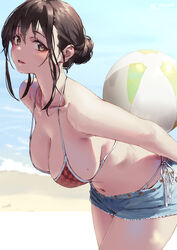  aya_(jonsun) ball bare_arms bare_shoulders beachball bikini black_hair blue_shorts breasts brown_eyes cleavage collarbone commentary_request day female holding holding_ball holding_beachball jonsun large_breasts leaning_forward looking_at_viewer mole mole_on_breast navel original outdoors parted_lips red_bikini short_shorts shorts side-tie_bikini_bottom smile swimsuit thighs wet 