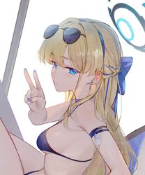  bare_arms bare_shoulders bikini black_bikini blonde_hair blue_archive blue_eyes blue_hair blue_halo blue_nails blush braid breasts closed_mouth eyewear_on_head female fingernails halo long_hair looking_at_viewer multicolored_hair nail_polish saw272 simple_background small_breasts solo streaked_hair sunglasses swimsuit toki_(blue_archive) v white_background 