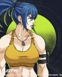  abs armlet blue_eyes blue_hair breasts character_name character_select collarbone crop_top dog_tags earrings female highres jewelry jhony_caballero leona_heidern midriff muscular muscular_female navel ponytail sleeveless solo tank_top the_king_of_fighters the_king_of_fighters_xv triangle_earrings yellow_tank_top 