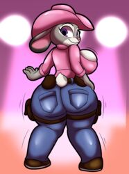  absurd_res anthro ass belt big_breasts big_butt bouncing_breasts breast_squish breasts clothed clothing cowboy_hat cowgirl_outfit disney female fully_clothed hand_on_hip hat headgear headwear hi_res judy_hopps lagomorph leporid looking_at_viewer looking_back mammal motion_lines multicolored_body rabbit rear_view scut_tail shaking_butt short_tail simple_background solo someth1ngoranother squish standing tail thick_thighs two_tone_body zootopia 