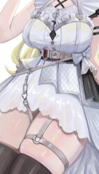  absurdres blonde_hair breasts dalcom dress female highres hololive large_breasts long_hair official_alternate_costume solo thighs tsunomaki_watame tsunomaki_watame_(watame_night_fever!!) virtual_youtuber white_background white_dress 