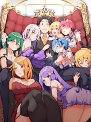  1boy 6+girls absurdres all_fours anastasia_hoshin bare_shoulders breasts cleavage closed_eyes closed_mouth collarbone commentary crusch_karsten emilia_(re:zero) english_commentary felt_(re:zero) from_below grabbing_another&#039;s_hair hand_in_another&#039;s_hair hand_on_another&#039;s_chest hand_on_another&#039;s_shoulder harem highres hug hugging_another&#039;s_leg large_breasts looking_at_another looking_at_viewer looking_down multiple_girls natsuki_subaru open_mouth petra_leyte priscilla_barielle ram_(re:zero) re:zero_kara_hajimeru_isekai_seikatsu rem_(re:zero) sitting small_breasts spread_legs straight throne zerobarto 