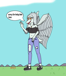  2023 absurd_res amber_eyes anthro artist_name blue_sky bottomwear cavemanon_studios claws clothed clothing cloud crop_top denim denim_bottomwear denim_clothing dialogue digital_drawing_(artwork) digital_media_(artwork) dinosaur elbow_feathers english_text extinct eyelashes fang_(gvh) feathered_wings feathers female fingers footwear gesture goodbye_volcano_high grey_body grey_scales hair hi_res jeans jewelry kamen2d long_hair midriff navel necklace off_shoulder offscreen_character open_mouth outside pants prehistoric_species pterodactylus pterosaur reptile scales scalie shirt shoes short_tail signature silver_hair simple_background sky smile sneakers snoot_game snout solo tail text topwear torn_bottomwear torn_clothing torn_jeans torn_pants v-cut waving wings 