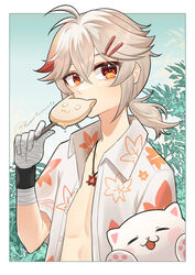  1boy bandaged_hand bandages eating feline food genshin_impact hair_between_eyes hair_ornament hairclip highres holding holding_food holding_ice_cream holding_popsicle ice_cream japanese_clothes kaedehara_kazuha kuro_tsubasa leaf_print male_focus maple_leaf_print multicolored_hair open_clothes open_shirt ponytail popsicle red_eyes red_hair shirt solo streaked_hair white_fur white_hair white_shirt 