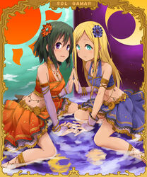  2girls belly_dancing blonde_hair cloud couple dancer dark-skinned_female dark_skin day green_eyes green_hair highres holding_hands idolmaster idolmaster_cinderella_girls jewelry kagiana layla_(idolmaster) multiple_girls natalia_(idolmaster) necklace night night_sky purple_eyes short_hair sky sol_qamar_(idolmaster) water yuri 