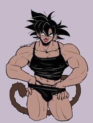  1boy aco_(aco_rz) bara black_eyes black_hair black_panties black_tank_top briefs bulge come_hither covered_nipples cropped_torso crossdressing dark-skinned_male dark_skin dragon_ball dragon_ball_z highres large_pectorals looking_at_viewer male_focus male_underwear mature_male midriff_peek monkey_tail muscular muscular_male panties panty_peek pectorals sanpaku seductive_smile short_hair smile solo spiked_hair tail tank_top thick_eyebrows thighs tullece underwear undressing 