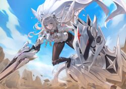  armored_legwear black_pantyhose black_skirt blonde_hair blue_eyes blue_sky blush cape cloud cloudy_sky commentary crown_(nikke) day drill_hair eru_(eru_illust) female gauntlets goddess_of_victory:_nikke high_heels highres holding holding_sword holding_weapon looking_to_the_side non-humanoid_robot outdoors pantyhose robot robot_animal shirt skirt sky smile standing_on_animal sword too_many_drills trombe_(nikke) v-shaped_eyebrows weapon white_cape white_shirt 