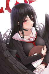  1boy absurdres black_hair black_sailor_collar black_serafuku blue_archive blush breasts brown_hair closed_mouth doodle_sensei_(blue_archive) female fluffyebi01 halo hasumi_(blue_archive) highres large_breasts long_hair neckerchief red_eyes red_halo red_neckerchief sailor_collar school_uniform sensei_(blue_archive) serafuku short_hair simple_background white_background 