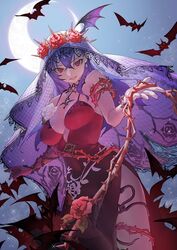  bat_(animal) blue_hair breasts dress earrings female flower halloween halloween_costume jewelry long_hair looking_at_viewer maria_traydor mi8pq pointy_ears red_eyes red_flower red_rose rose smile solo star_ocean star_ocean_anamnesis star_ocean_till_the_end_of_time thorns vampire 