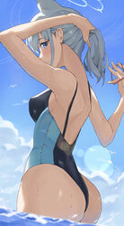  absurdres animal_ears ass backless_swimsuit blue_archive blue_eyes blue_sky blush breasts commentary competition_swimsuit cowboy_shot extra_ears female grey_hair hair_tie halo higashiwun_izumi highres lens_flare looking_at_viewer looking_back medium_breasts official_alternate_costume one-piece_swimsuit outdoors ponytail shiroko_(blue_archive) shiroko_(swimsuit)_(blue_archive) sideways_glance sky smile solo swimsuit two-tone_one-piece_swimsuit tying_hair wading wolf_ears 