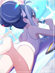  antenna_hair bare_arms bare_legs bare_shoulders barefoot blue_archive blue_hair blush breasts double_bun female food fubuki_(blue_archive) fubuki_(swimsuit)_(blue_archive) grey_hair hair_bun halo highres holding holding_food kana_ami multicolored_hair official_alternate_costume one-piece_swimsuit open_mouth pink_halo popsicle red_eyes school_swimsuit short_hair small_breasts solo swimsuit toes white_one-piece_swimsuit 