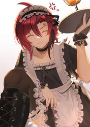  1boy apron black_dress black_footwear black_thighhighs boots closed_eyes closed_mouth dress frilled_apron frills genshin_impact green_eyes hair_between_eyes highres holding holding_plate kuro_tsubasa long_hair looking_at_viewer maid maid_apron maid_headdress male_focus mole mole_under_eye multicolored_hair plate puffy_sleeves red_hair shikanoin_heizou smile solo streaked_hair thighhighs waist_apron white_apron white_background 