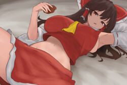  arm_behind_head armpits breasts brown_hair commentary_request cookie cropped_shirt detached_sleeves female food hakurei_reimu highres holding holding_cookie holding_food huge_breasts looking_at_viewer lying moriforest1040 navel on_back red_shirt red_skirt shirt sideboob skirt sleeveless sleeveless_shirt solo stomach touhou 