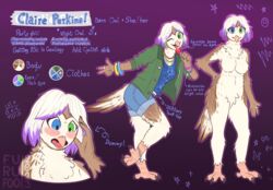  2023 80&#039;s_theme anklet anthro avian barn_owl beak bird blue_clothing blue_eyes blue_shirt blue_tank_top blue_topwear blush bottomwear bracelet breasts brown_body brown_feathers candy character_name clothed clothing crotch_tuft cutoffs denim denim_bottomwear denim_clothing dessert digit_ring digital_drawing_(artwork) digital_media_(artwork) digitigrade ear_piercing english_text eyelashes feathers featureless_breasts female finger_ring flat_colors food furufoo gender_transformation gesture green_clothing green_eyes green_jacket green_topwear hair hand_gesture hand_on_hip heterochromia hi_res highlights_(coloring) holding_candy holding_food holding_lollipop holding_object hollycroft humanoid_hands jacket jewelry lollipop mind_control model_sheet mtf_transformation necklace nude on_one_leg one_eye_closed open_beak open_mouth open_smile owl piercing pink_beak pink_blush pink_tongue purple_background purple_highlights purple_text retro shirt shorts simple_background smile standing tail tail_feathers tank_top text tongue topwear transformation tuft tyto tytonid white_body white_feathers white_hair wink 