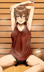  absurdres armpits arms_behind_head arms_up bad_id bad_pixiv_id ball basketball basketball_(object) basketball_uniform blush bowlegged_pose breasts brown_hair female groin_tendon gym gym_uniform hair_between_eyes hair_bun highres large_breasts looking_at_viewer mole mole_on_thigh on_floor original presenting_armpit red_eyes school_uniform shan9uli4 short_shorts shorts sidelocks sitting solo sportswear spread_legs steam steaming_body sweat sweat_stain sweaty_clothes tank_top tongue tongue_out very_sweaty 