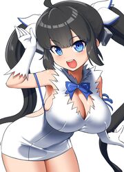  :d arm_up bell black_hair blue_bow blue_bowtie blue_eyes blue_ribbon bow bowtie breasts cleavage cleavage_cutout clothing_cutout commentary cowboy_shot dress dungeon_ni_deai_wo_motomeru_no_wa_machigatteiru_darou_ka elbow_gloves female gloves hair_bell hair_ornament hair_ribbon hestia_(danmachi) highres large_breasts leaning_forward long_hair looking_at_viewer open_mouth pencil_dress pero_(pero7762) rei_no_himo ribbon simple_background sleeveless sleeveless_dress smile solo teeth twintails upper_teeth_only very_long_hair white_background white_dress white_gloves 