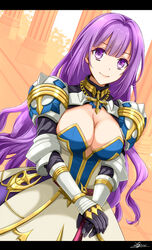  20nigu armor armored_dress breasts cleavage closed_mouth commentary_request commission cowboy_shot cross cross_necklace dutch_angle female gauntlets hair_intakes holding holding_sword holding_weapon jewelry large_breasts letterboxed long_hair looking_at_viewer medium_bangs necklace official_alternate_costume pauldrons purple_eyes purple_hair ragnarok_online royal_guard_(ragnarok_online) shoulder_armor shrug_(clothing) signature skeb_commission smile solo sword vambraces very_long_hair weapon 