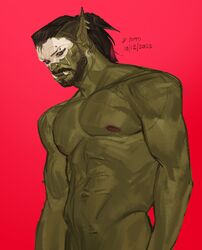  1boy abs arms_at_sides baldur&#039;s_gate baldur&#039;s_gate_3 bara beard colored_skin dungeons_&amp;_dragons facial_hair green_skin highres large_ears looking_ahead male_focus mask mature_male monster_boy navel nipples nose_piercing nose_ring nude orc piercing pointy_ears seansketches short_hair skull_mask solo stomach tav_(baldur&#039;s_gate) thick_eyebrows toned toned_male tusks upper_body 